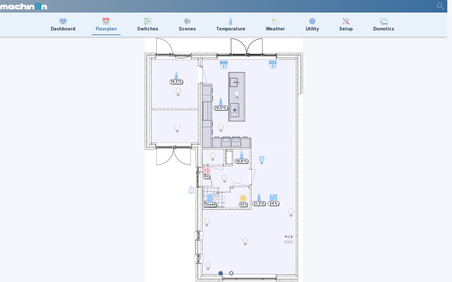A floorplan with live device icons and temperature readings