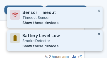 Two device warning notifications, one for a sensor timeout and one for a low battery